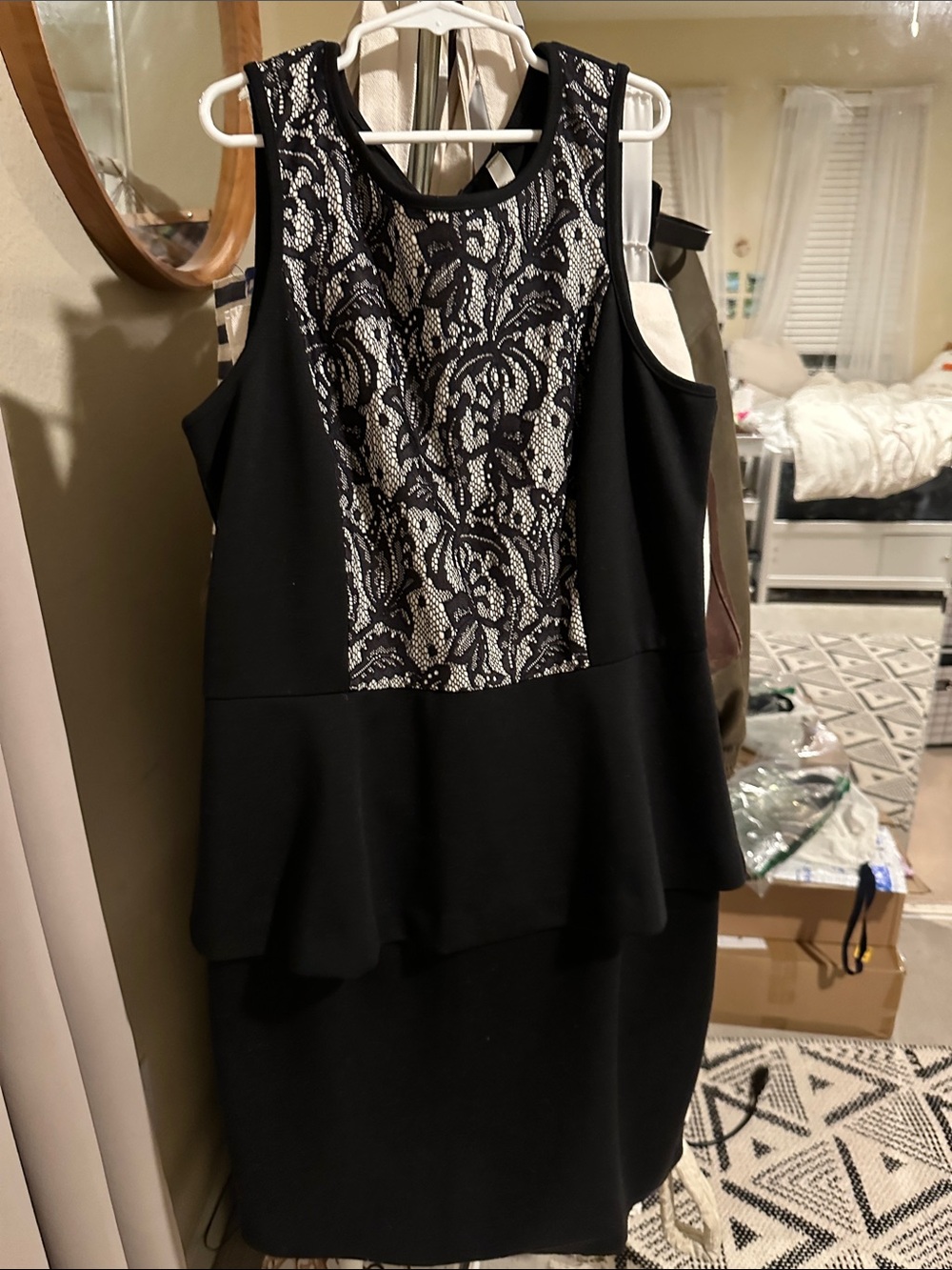 Kensie Black Lace-Front Peplum Midi Dress